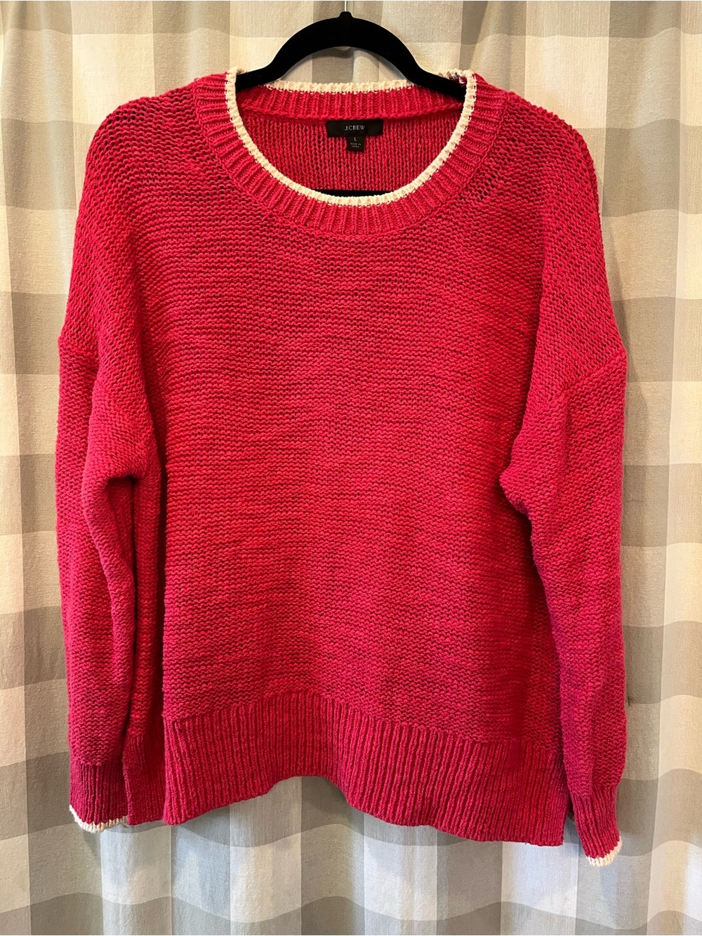 J. Crew Hot Pink Crewneck Sweater with Cream Trim